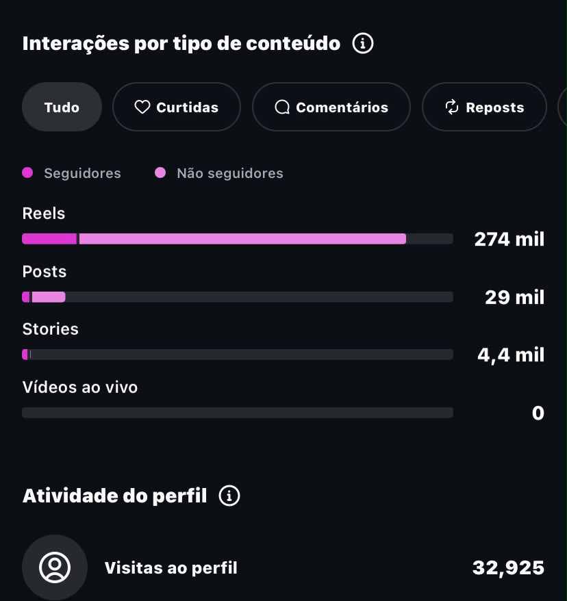 Interações: Reels 274 mil, posts 29 mil, stories 4,4 mil e 32.925 visitas ao perfil